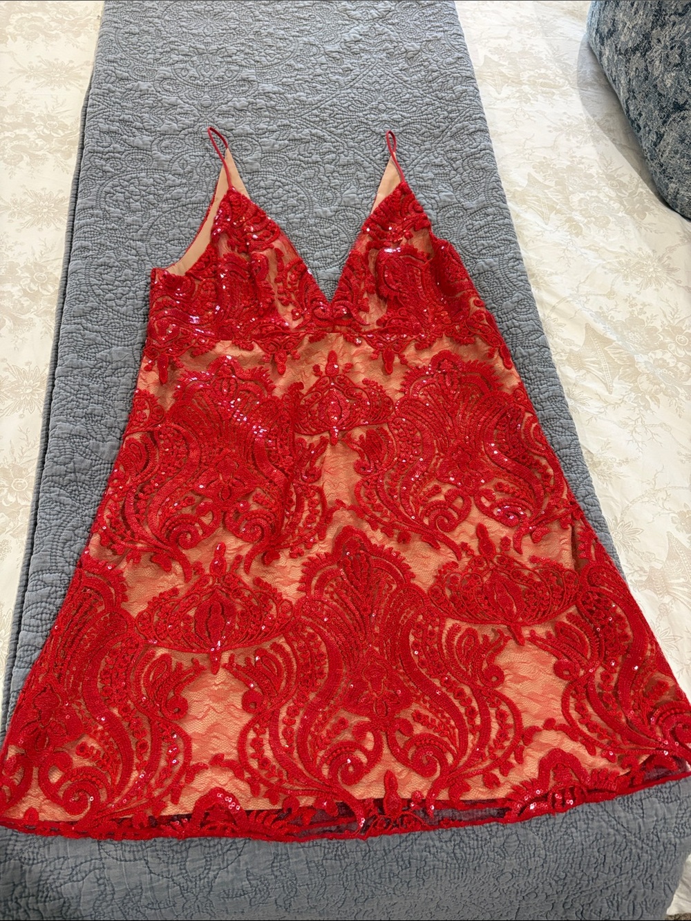Free People Red Lace & Sequin Slip Mini Dress